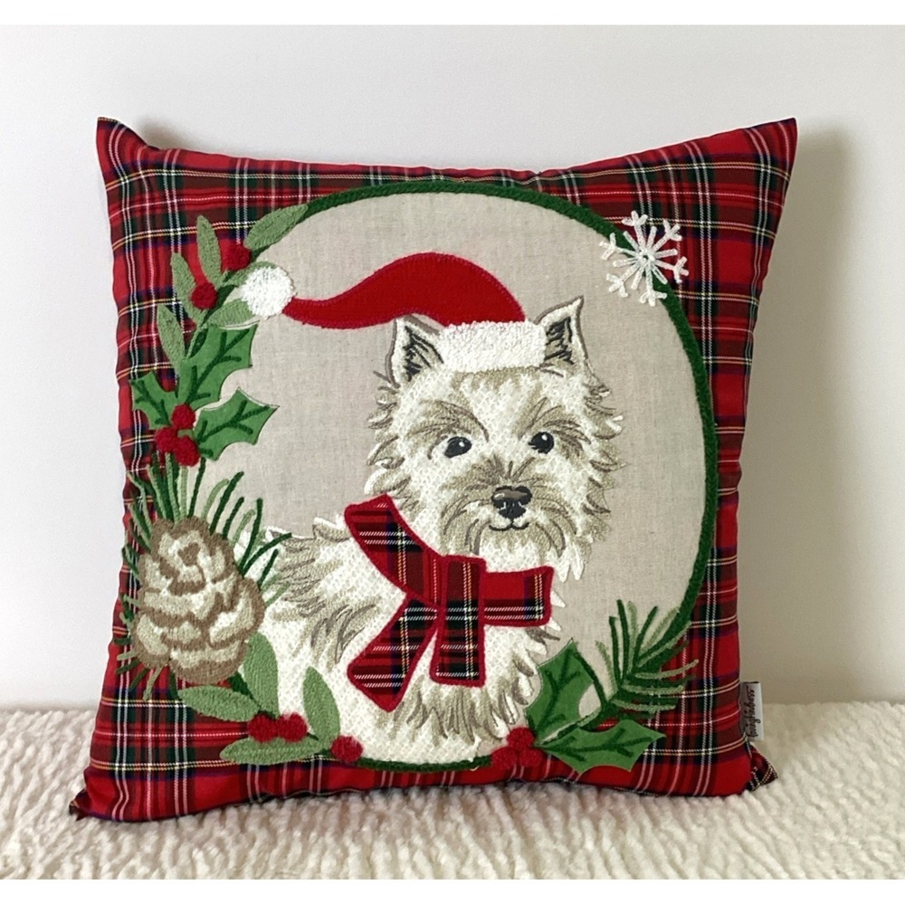 Christmas Dog Throw Pillow Yorkie Terrier Plaid Embroidered LovingKindness - Picture 1 of 11